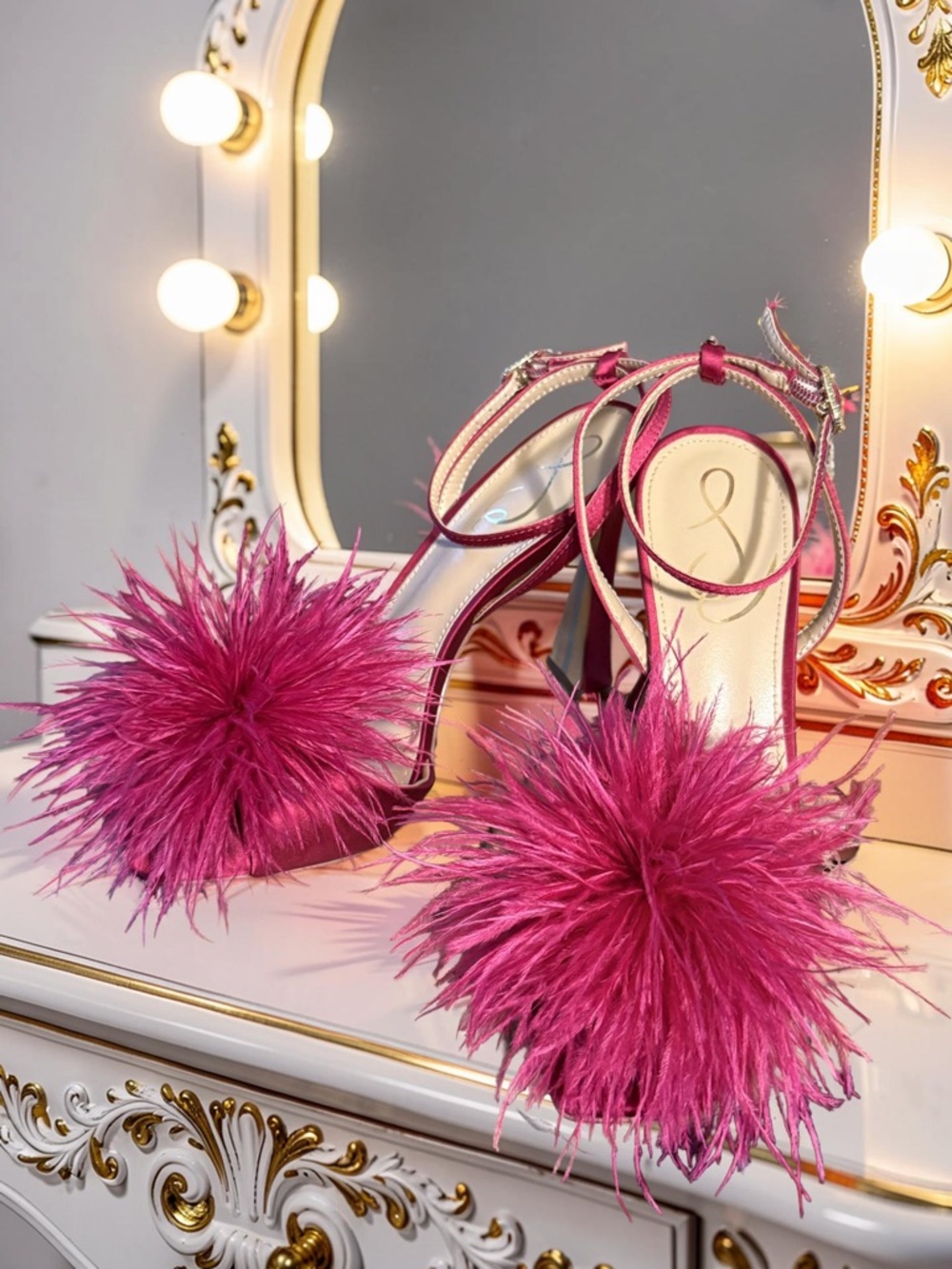 Sam Edelman NWT Sz 6 Stunning Fuchsia Feather Pom-Pom Strap Heels (SH334)